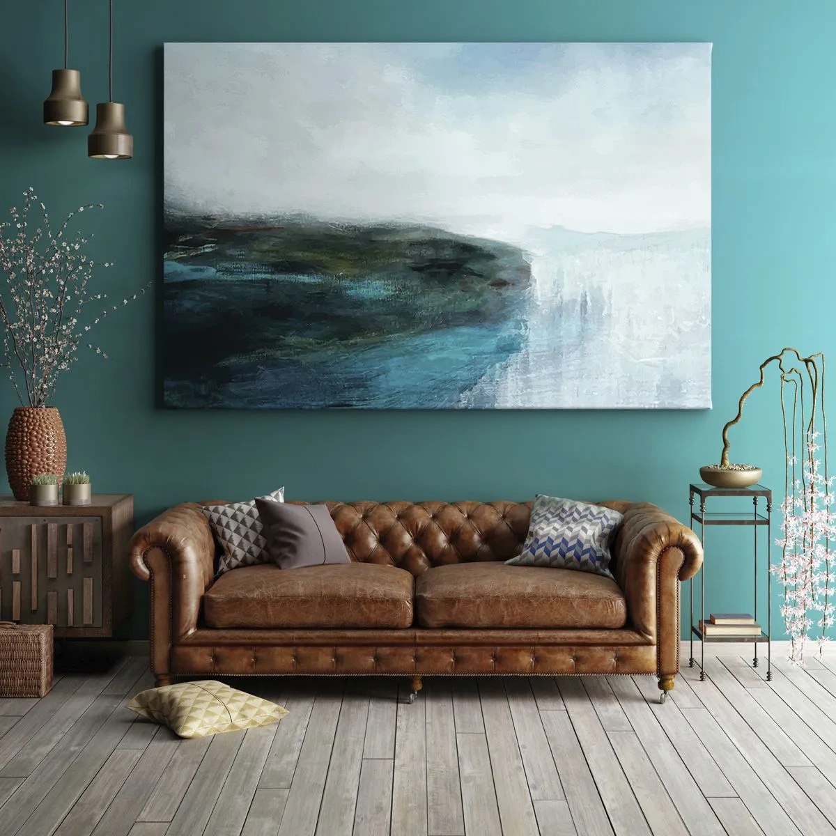 Canvas picture - Abstract landscape in shades of turquoise and gray - 70x50cm - Marine Abstract - Modern wall decoration for the living room and bedroom ARTTOR