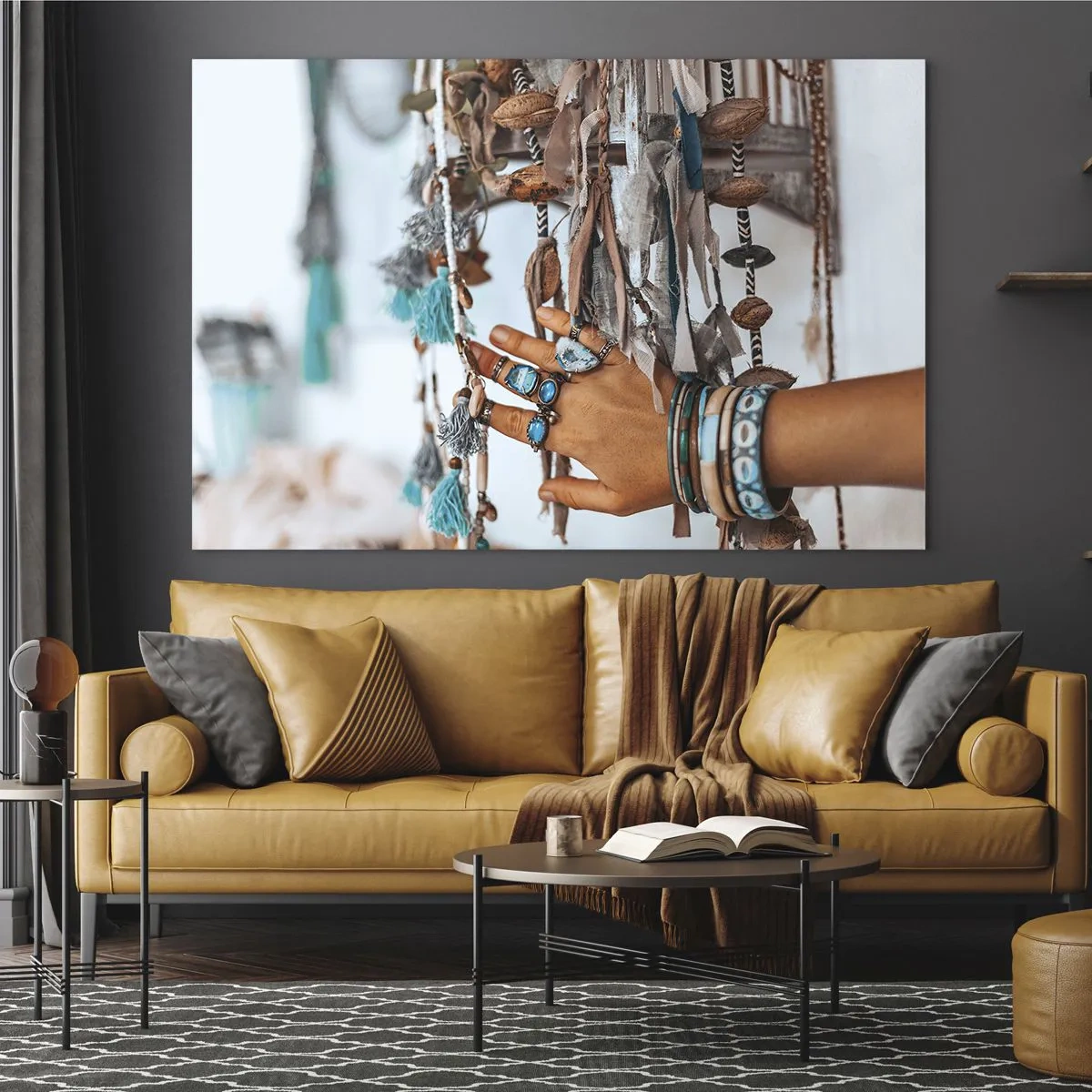 Glass picture - Hand with boho jewelry touching ethnic decoration - 70x50cm - Local Treasures - Modern wall decoration for the living room and bedroom ARTTOR