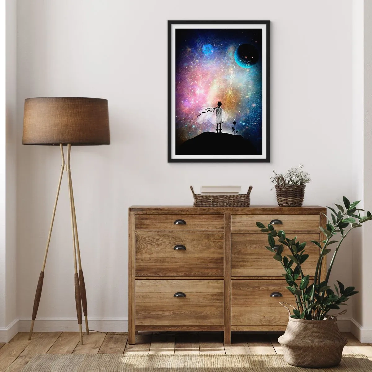 Poster in black frame - A fantastic space scene with a silhouette of a character and a rose - 50x70cm - Little Prince - Modern wall decoration for the living room and bedroom ARTTOR