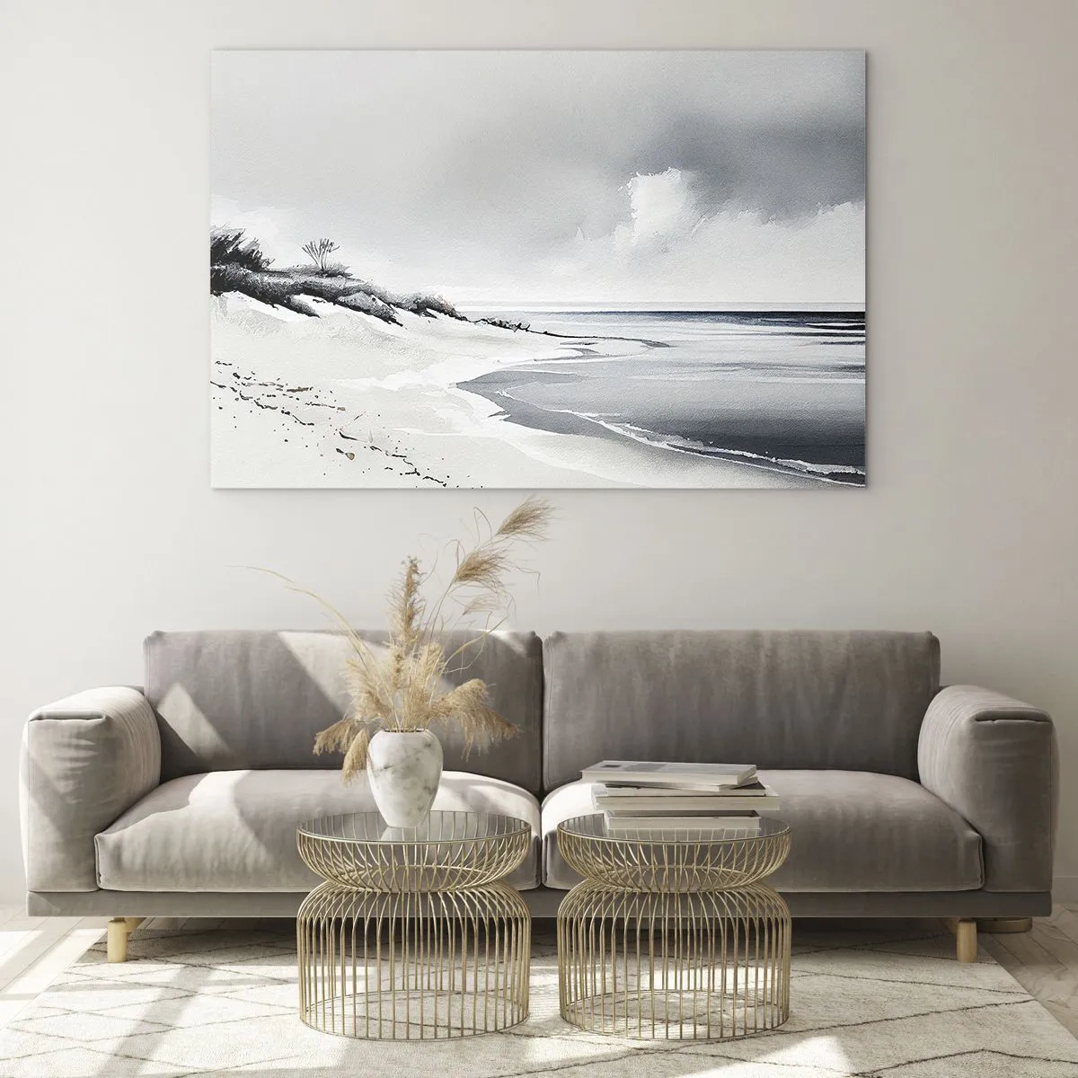Glass picture - Black and white beach with horizon and calm sea - 70x50cm - Always Together - Modern wall decoration for the living room and bedroom ARTTOR