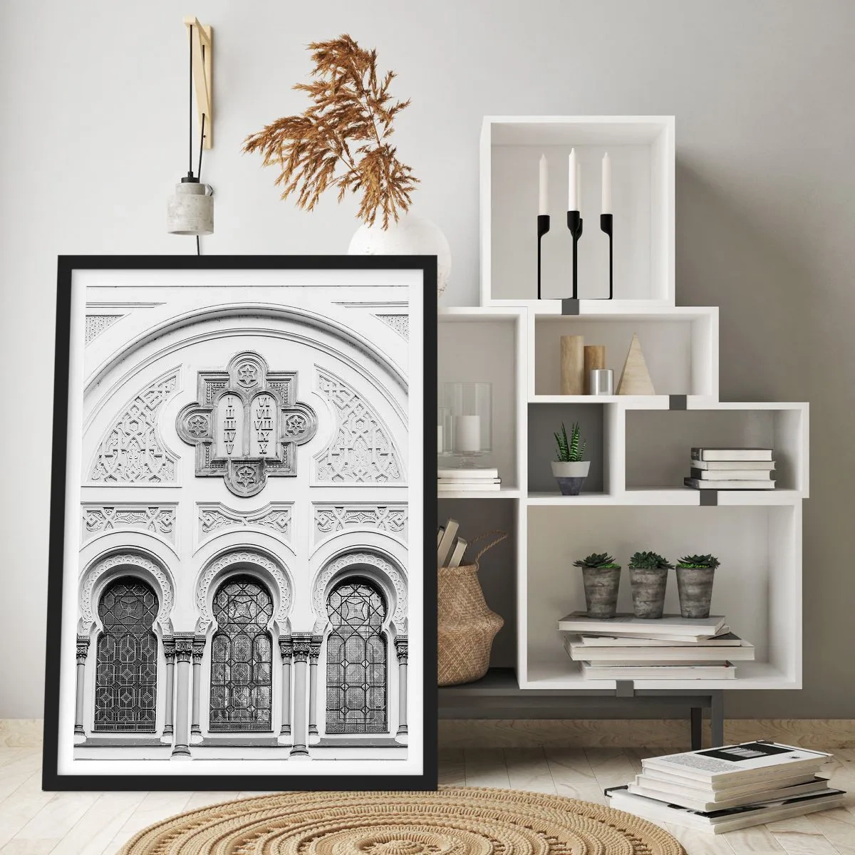 Poster in black frame - Architectural detail in the neo-Gothic style, black and white - 50x70cm - At the Crossroads of Cultures - Modern wall decoration for the living room and bedroom ARTTOR