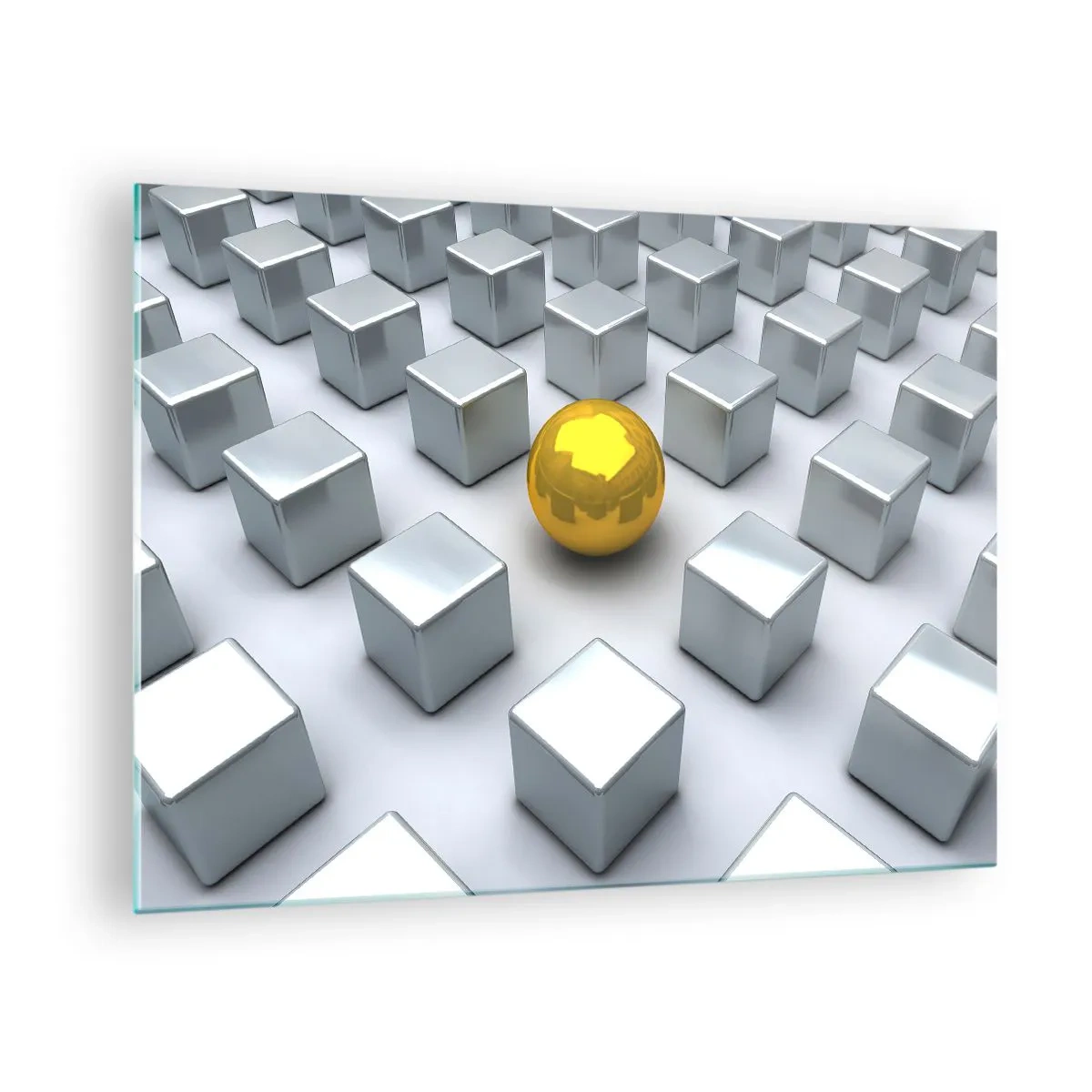 Glass picture - A golden sphere surrounded by silver cubes - 70x50cm - Why Me? Geometric Composition. - Modern wall decoration for the living room and bedroom ARTTOR