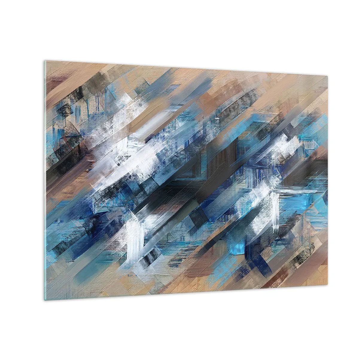 Glass picture - Abstract diagonal stripes in shades of blue, white and beige - 70x50cm - On the Blue Slant - Modern wall decoration for the living room and bedroom ARTTOR