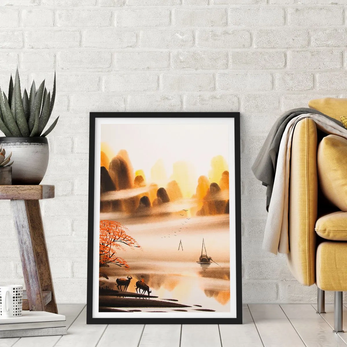 Poster in black frame - Oriental mountain landscape in the fog with a boat and animals - 50x70cm - Further than Far East - Modern wall decoration for the living room and bedroom ARTTOR