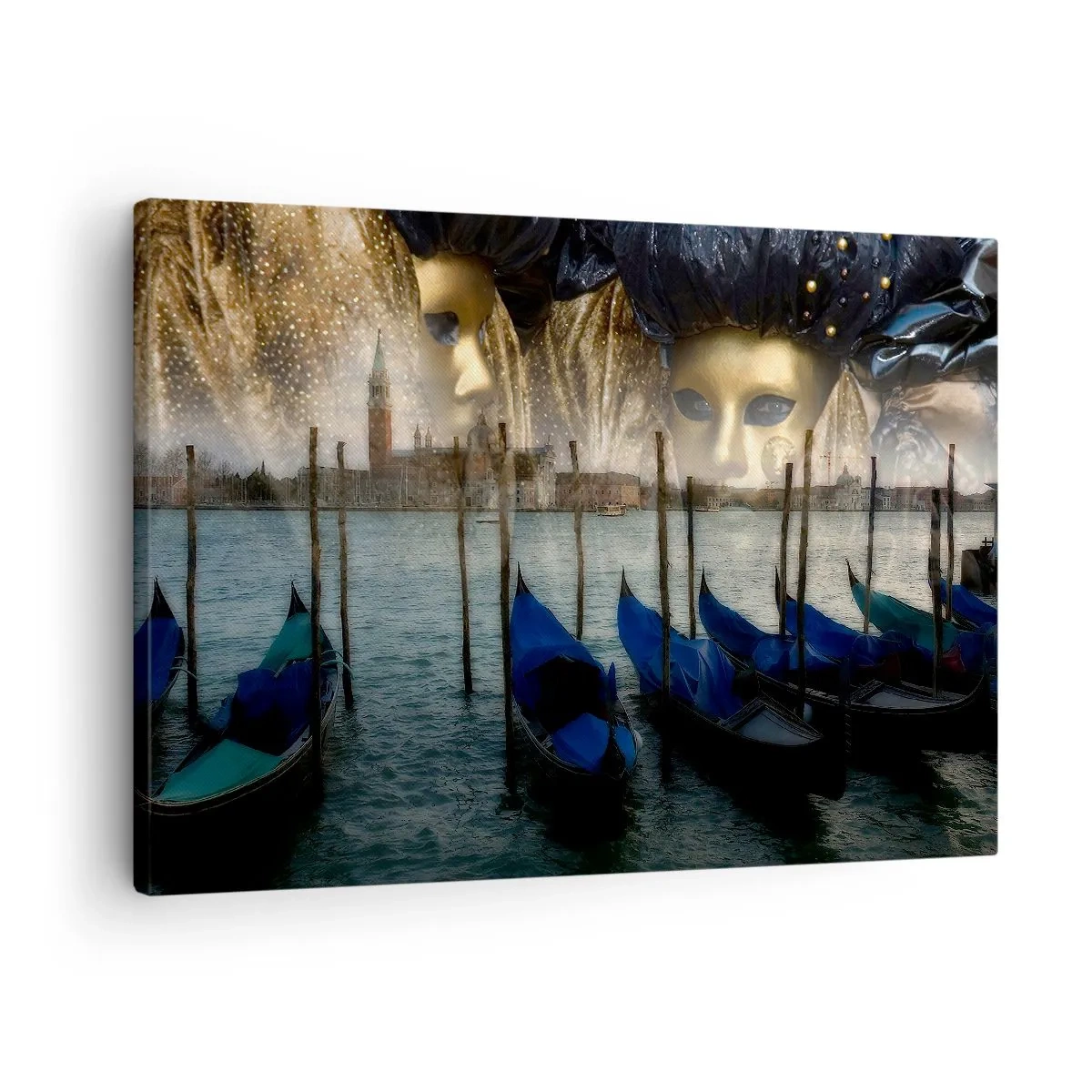 Canvas picture - Venetian carnival masks and gondolas against the backdrop of the city and water - 70x50cm - Time to Start the Carnival - Modern wall decoration for the living room and bedroom ARTTOR