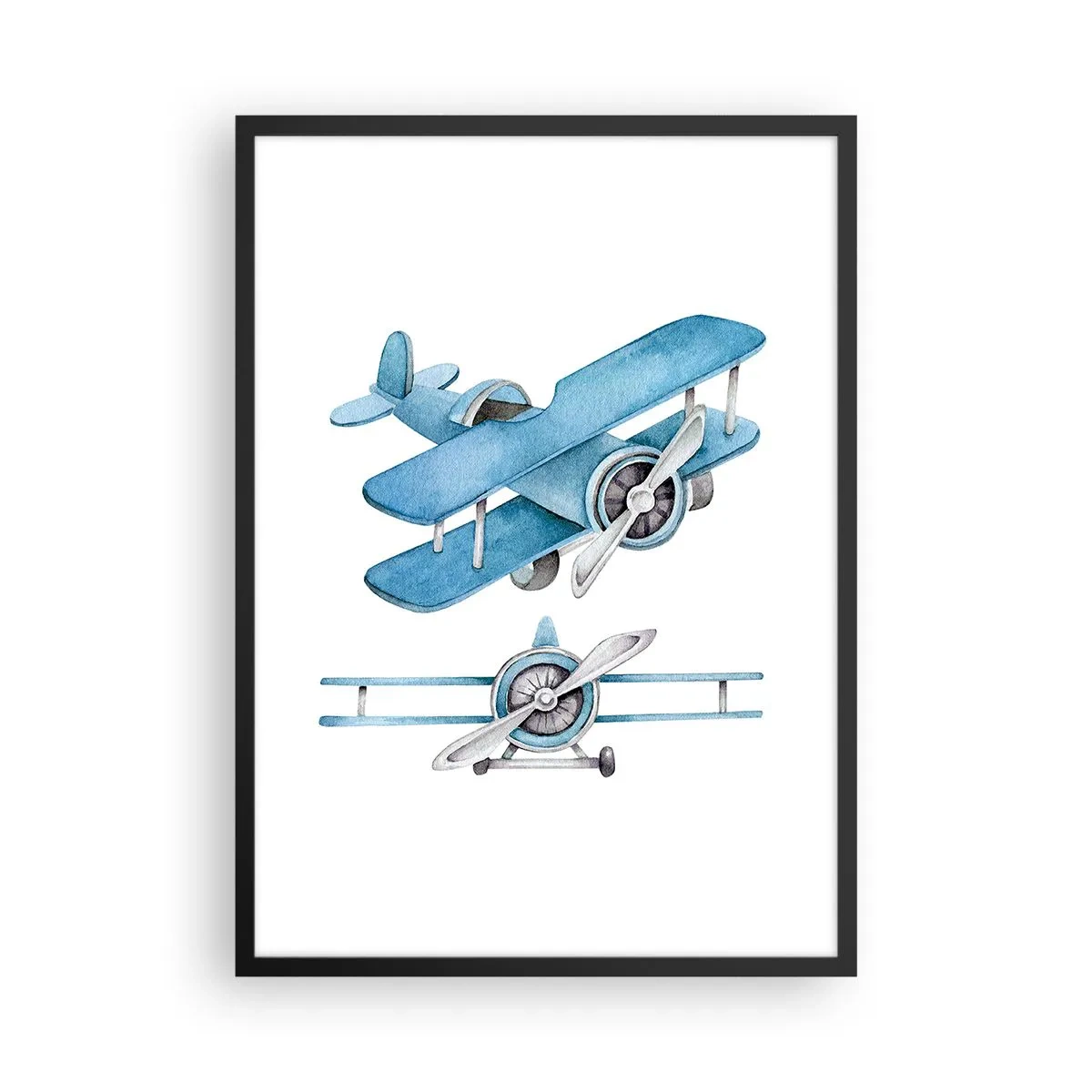 Poster in black frame - Watercolor blue biplanes - 50x70cm - Born Winner - Modern wall decoration for the living room and bedroom ARTTOR