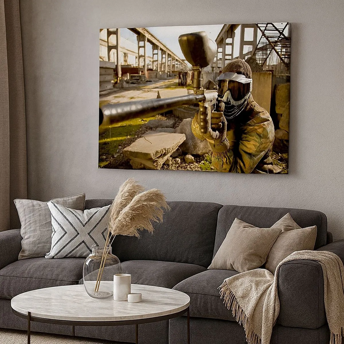 Canvas picture - A paintball player in camouflage gear aiming a marker - 70x50cm - You Can Be a Hero Too - Modern wall decoration for the living room and bedroom ARTTOR