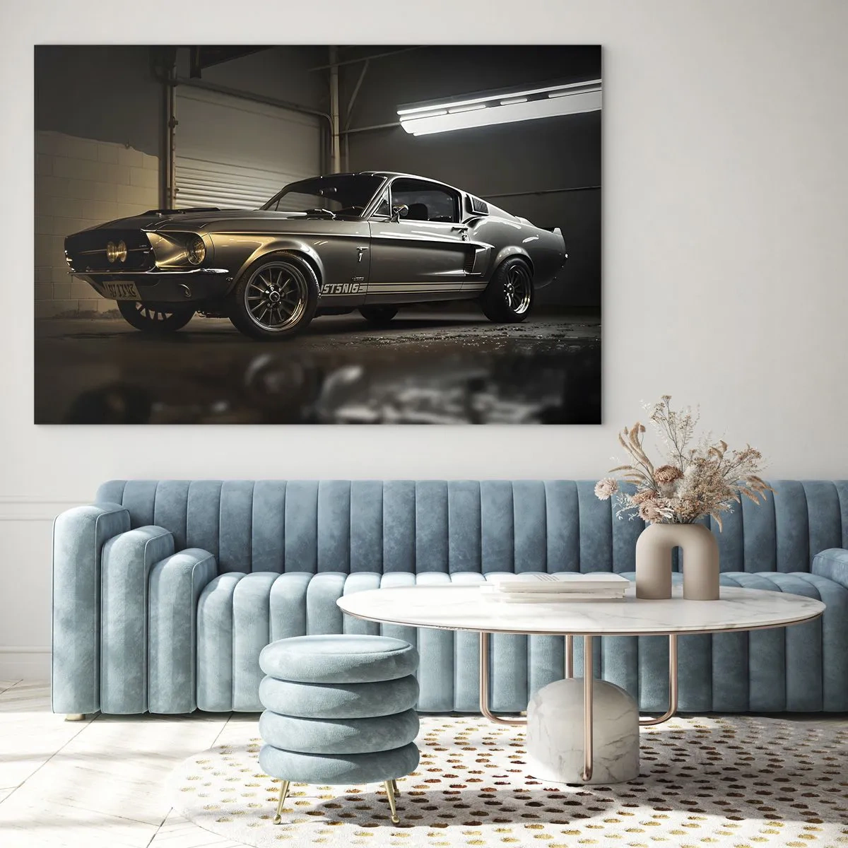 Glass picture - Classic car in garage under industrial lighting - 70x50cm - Back to the Future - Modern wall decoration for the living room and bedroom ARTTOR