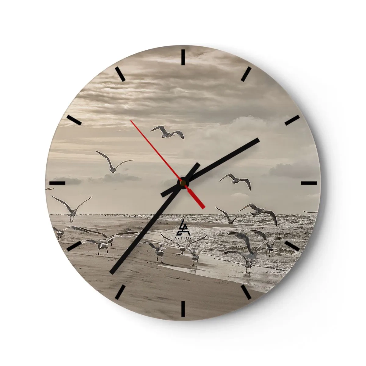 Wall clock - Clock on glass - Seagulls hovering over the seashore in the morning - 30x30cm - Sound of the Sea, Singing of the Birds - Modern wall decoration for the living room, kitchen, and bedroom ARTTOR