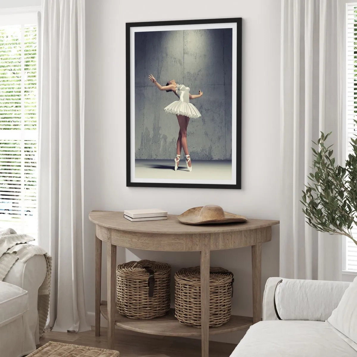 Poster in black frame - A ballerina in a white dress against the background of a raw concrete wall. - 50x70cm - Light like a Bird - Modern wall decoration for the living room and bedroom ARTTOR