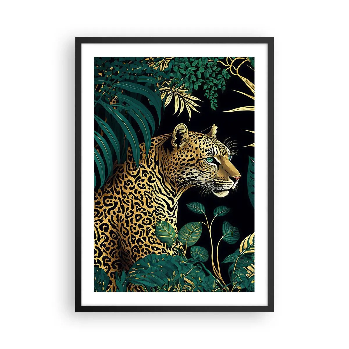 Poster in black frame - Golden leopard in the tropical jungle - 50x70cm - Host in the Jungle - Modern wall decoration for the living room and bedroom ARTTOR