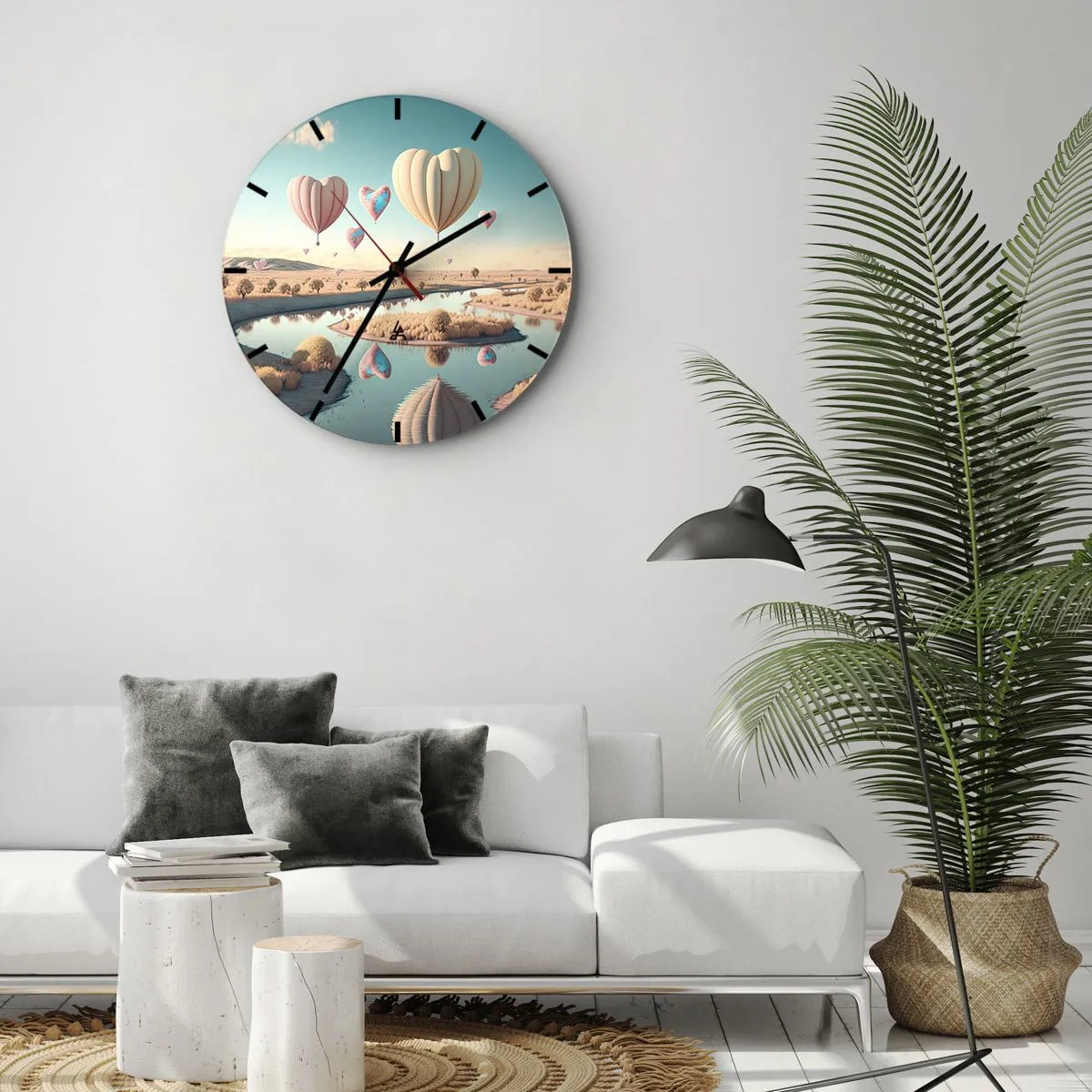 Wall clock - Clock on glass - Heart-shaped balloons floating over the river - 30x30cm - Love Lifts You up - Modern wall decoration for the living room, kitchen, and bedroom ARTTOR