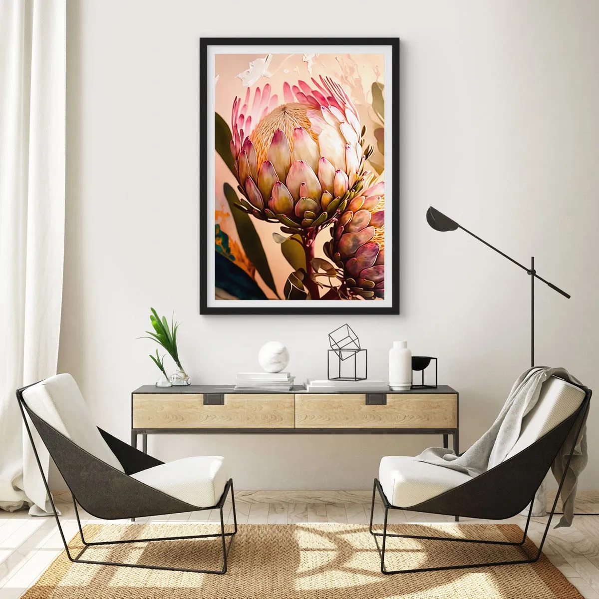 Poster in black frame - Close-up of a protea flower in warm colors - 50x70cm - Tender Caress - Modern wall decoration for the living room and bedroom ARTTOR