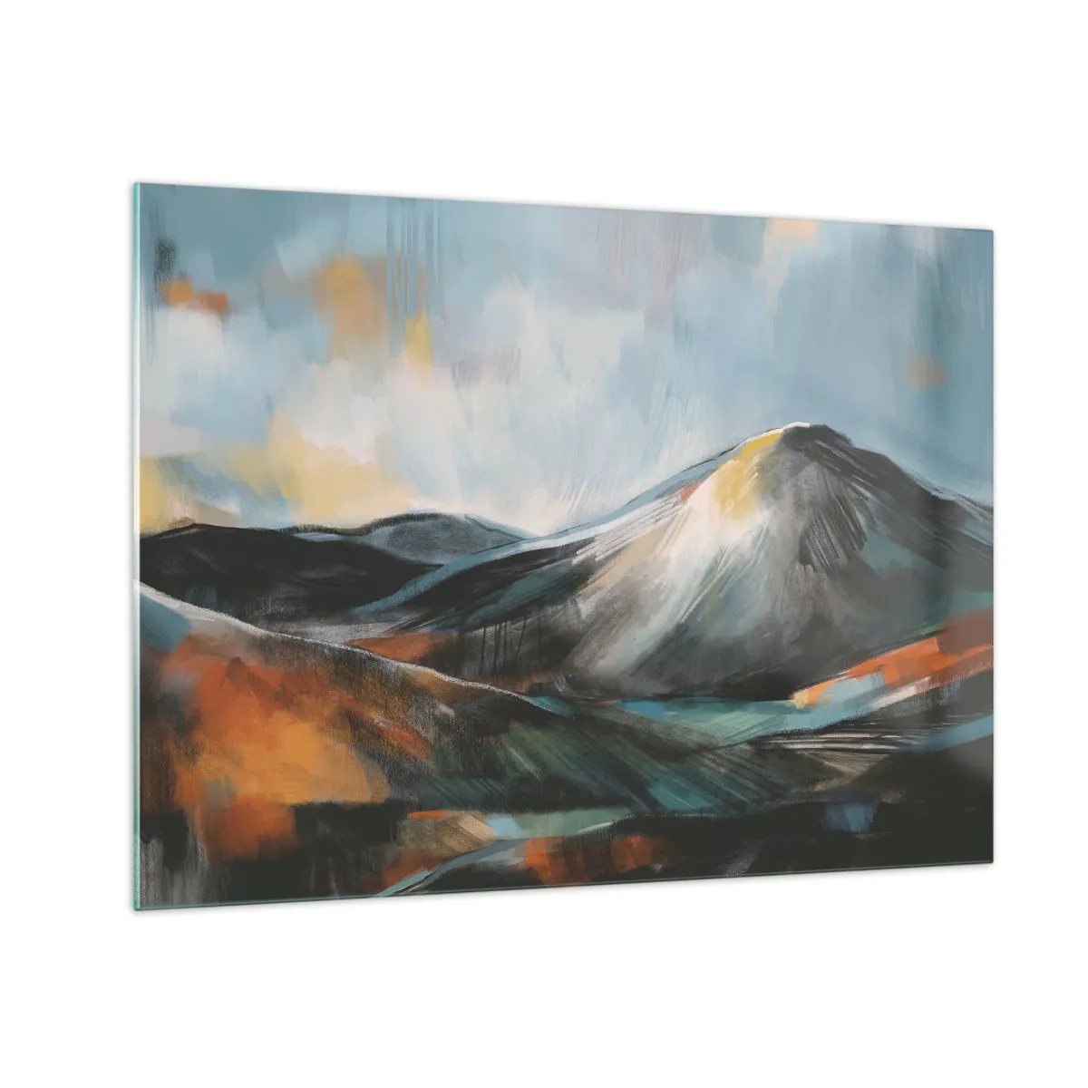 Glass picture - painterly mountain landscape in warm and cool colors - 70x50cm - Raw and Beautiful - Modern wall decoration for the living room and bedroom ARTTOR