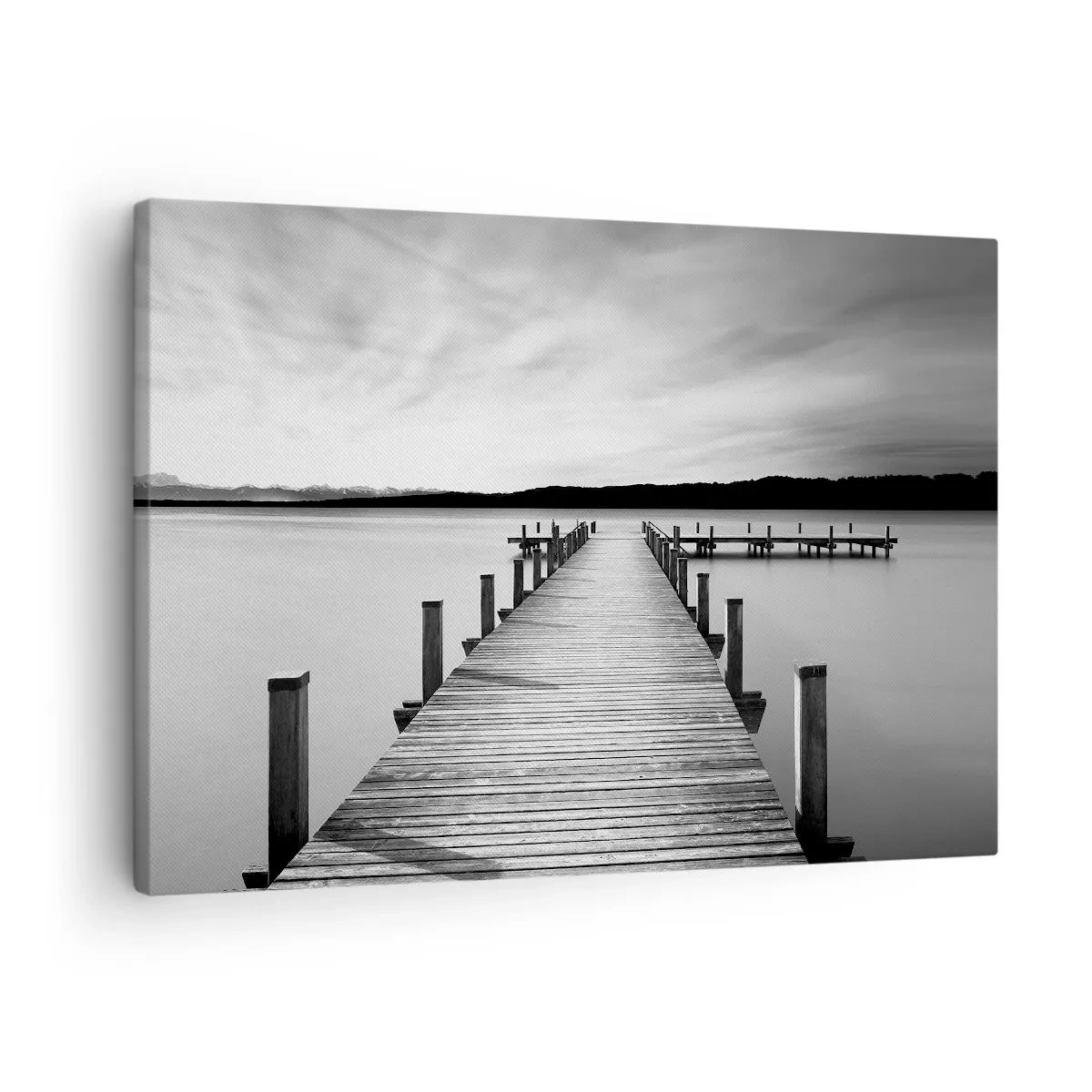Canvas picture - A black and white jetty on a calm lake - 70x50cm - Lake of Peace - Modern wall decoration for the living room and bedroom ARTTOR