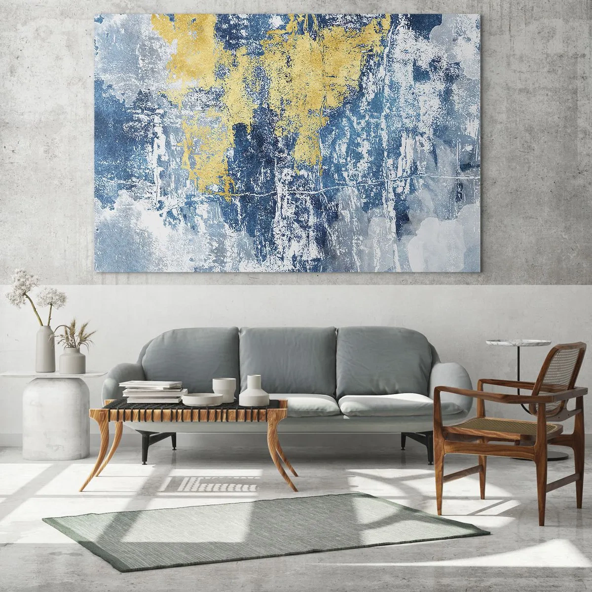 Glass picture - Blue and yellow abstraction with a distressed and textured effect - 70x50cm - Abstract Full of Optimism - Modern wall decoration for the living room and bedroom ARTTOR