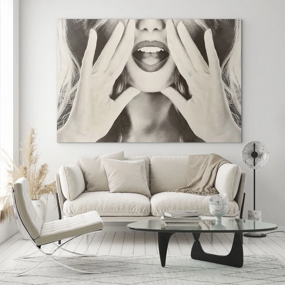 Glass picture - A woman with lipstick on her lips and her hands to her face - 70x50cm - Coming! - Modern wall decoration for the living room and bedroom ARTTOR