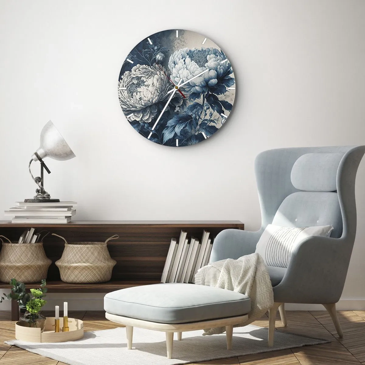 Wall clock - Clock on glass - Illustration of two peonies in shades of blue and white - 30x30cm - Matched Couple - Modern wall decoration for the living room, kitchen, and bedroom ARTTOR