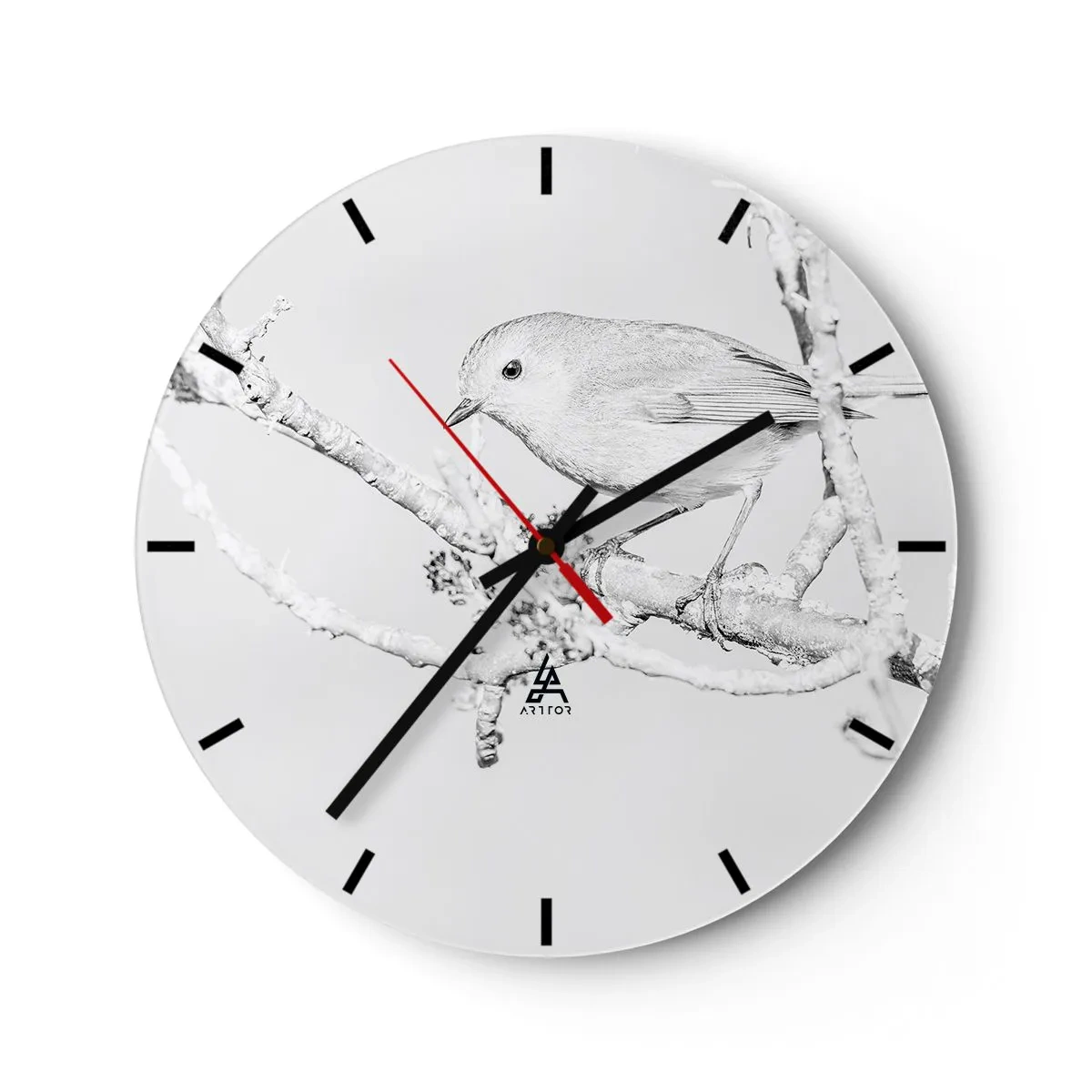 Wall clock - Clock on glass - A bird on a snowy branch in a sketchy monochrome style. - 30x30cm - Winter Morning - Modern wall decoration for the living room, kitchen, and bedroom ARTTOR