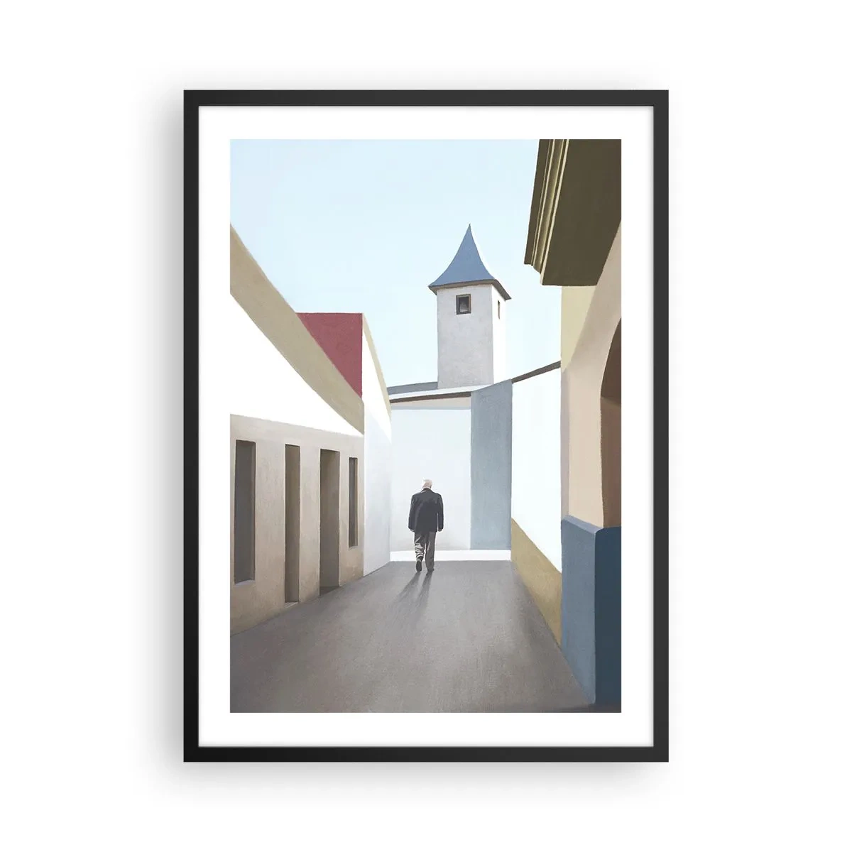 Poster in black frame - A minimalist street with a lonely passerby - 50x70cm - Sunny Walk - Modern wall decoration for the living room and bedroom ARTTOR
