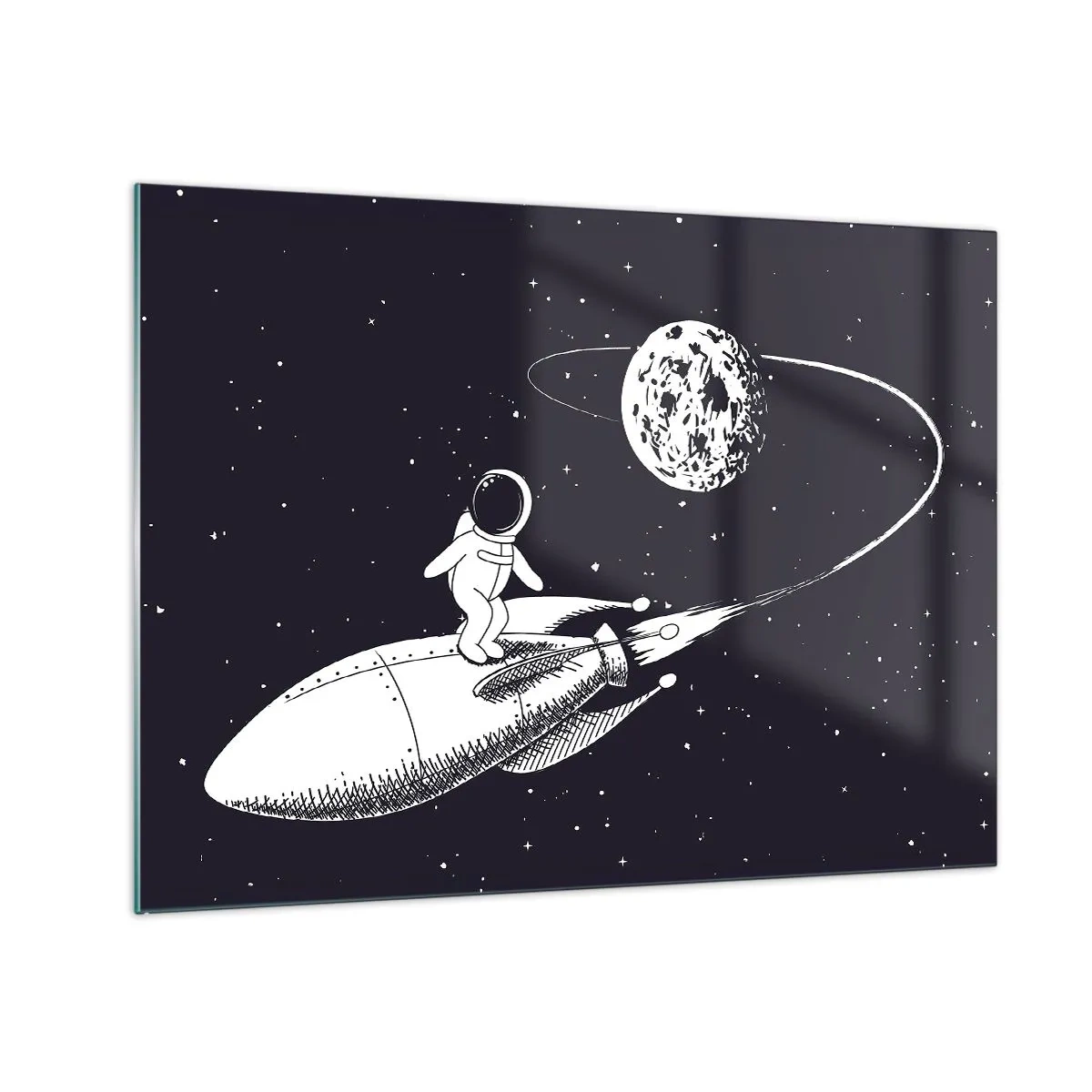 Glass picture - Cartoon astronaut surfing in space on a rocket - 70x50cm - Space Surfer - Modern wall decoration for the living room and bedroom ARTTOR