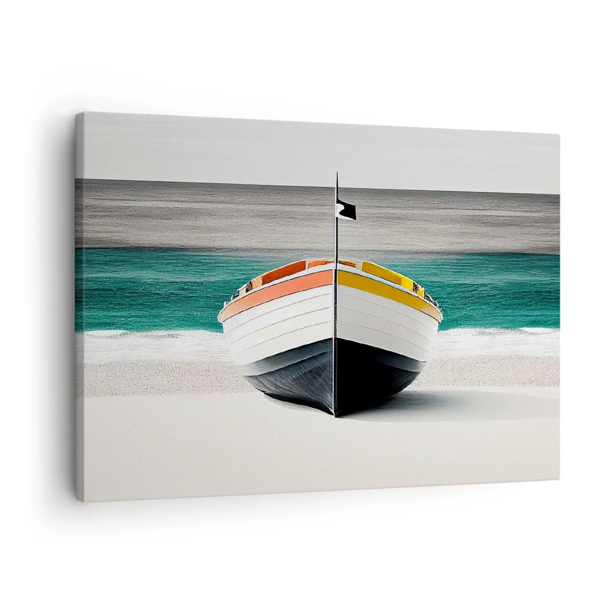 Canvas picture - A boat on the beach with a turquoise sea in the background - 70x50cm - In Its Place - Modern wall decoration for the living room and bedroom ARTTOR