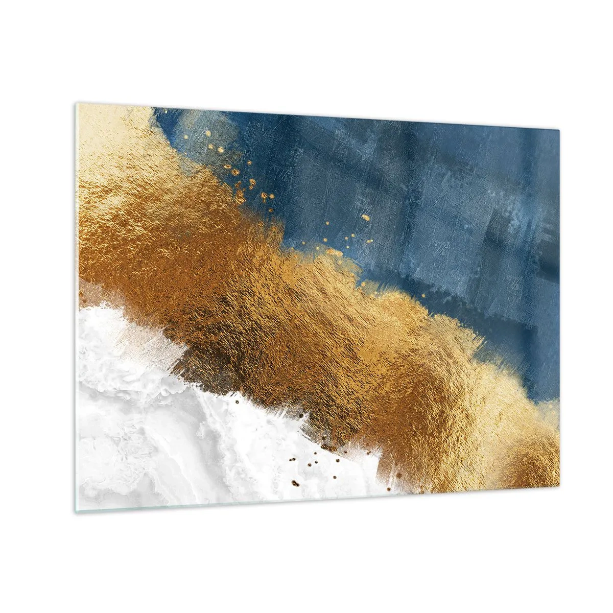 Glass picture - Gold paint strokes on a navy blue and white background - 70x50cm - Colours of Summer - Modern wall decoration for the living room and bedroom ARTTOR