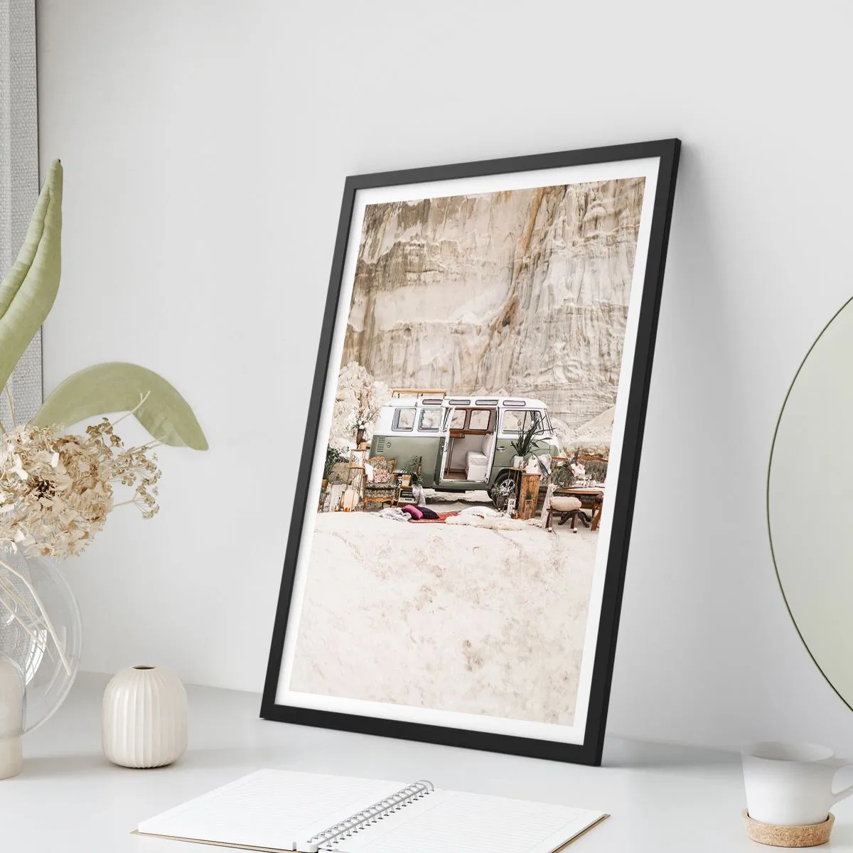 Poster in black frame - Retro van camping in a desert setting with rustic touches - 50x70cm - Time to Start the Trip - Modern wall decoration for the living room and bedroom ARTTOR