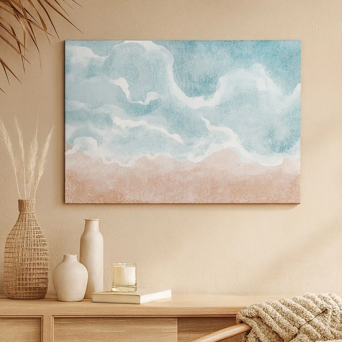 Canvas picture - Abstract beach with waves in shades of blue and beige - 70x50cm - Cloudy Abstract - Modern wall decoration for the living room and bedroom ARTTOR