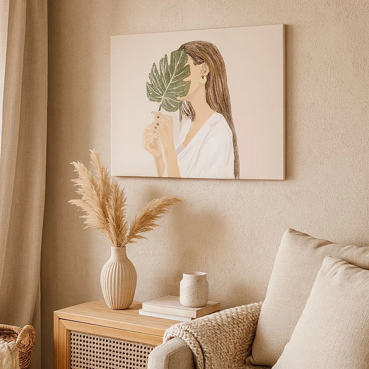 Canvas picture - Portrait of a woman with a monstera leaf on a beige background - 70x50cm - Mysterious Portrait with a Fan - Modern wall decoration for the living room and bedroom ARTTOR