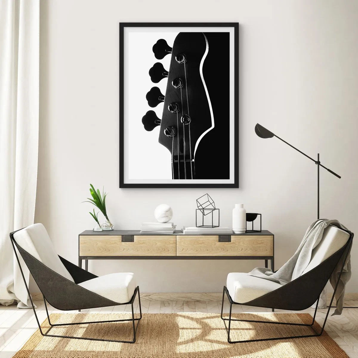 Poster in black frame - A minimalist black and white musical theme with an electric guitar. - 50x70cm - Rock Silence - Modern wall decoration for the living room and bedroom ARTTOR