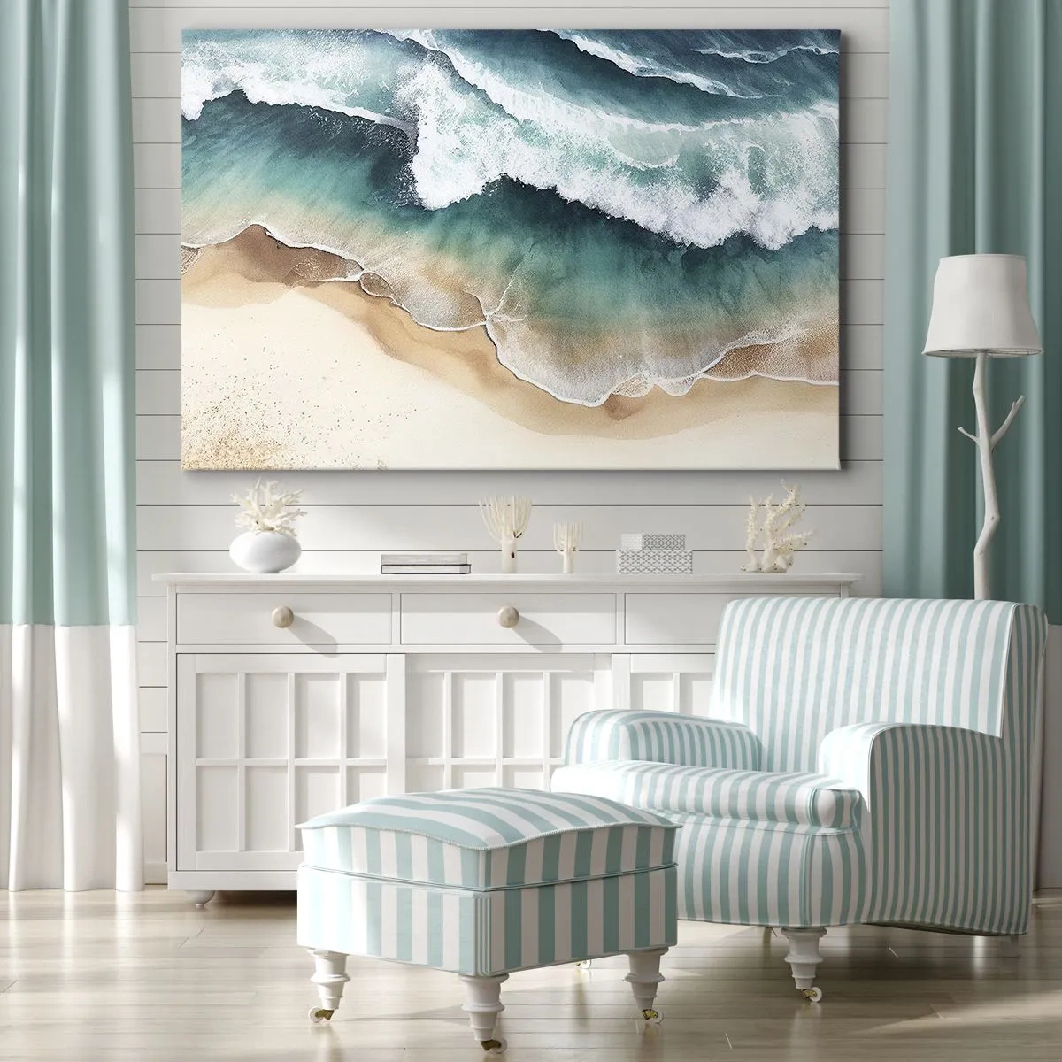Canvas picture - View of the beach and sea waves in shades of turquoise - 70x50cm - Eternal Encounter - Modern wall decoration for the living room and bedroom ARTTOR