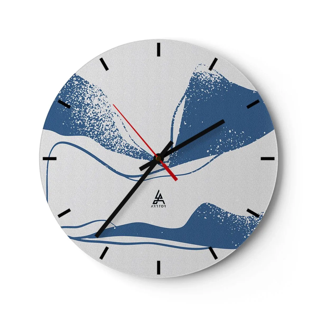 Wall clock - Clock on glass - Graphic abstraction with blue wings on a white background - 30x30cm - Abstract with Wings - Modern wall decoration for the living room, kitchen, and bedroom ARTTOR