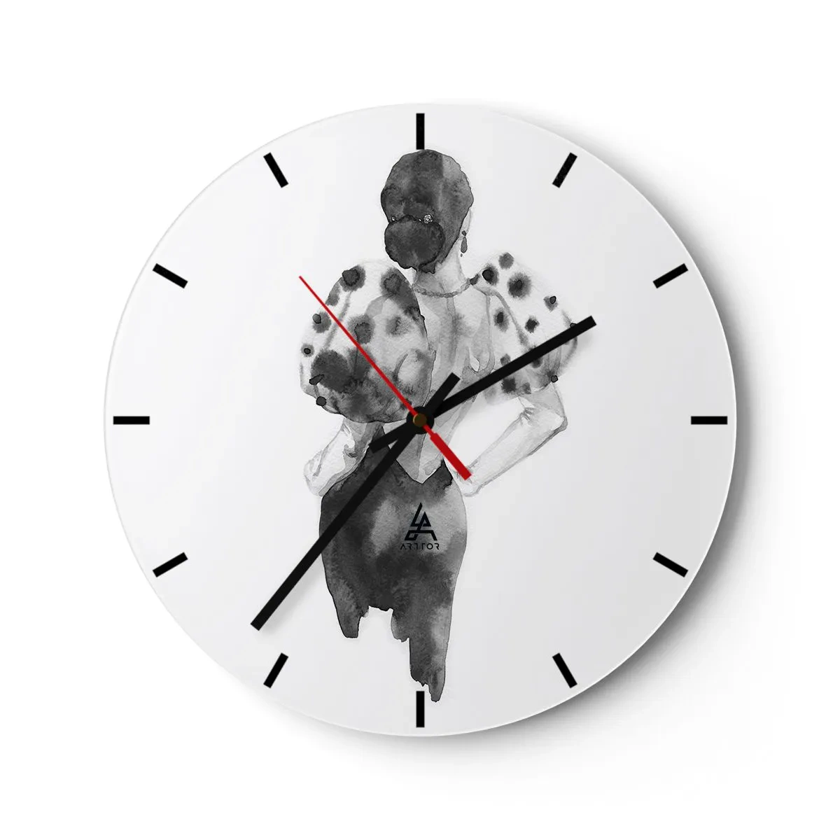 Wall clock - Clock on glass - Black and white illustration of a woman in an elegant dress - 30x30cm - She Passed by - Modern wall decoration for the living room, kitchen, and bedroom ARTTOR