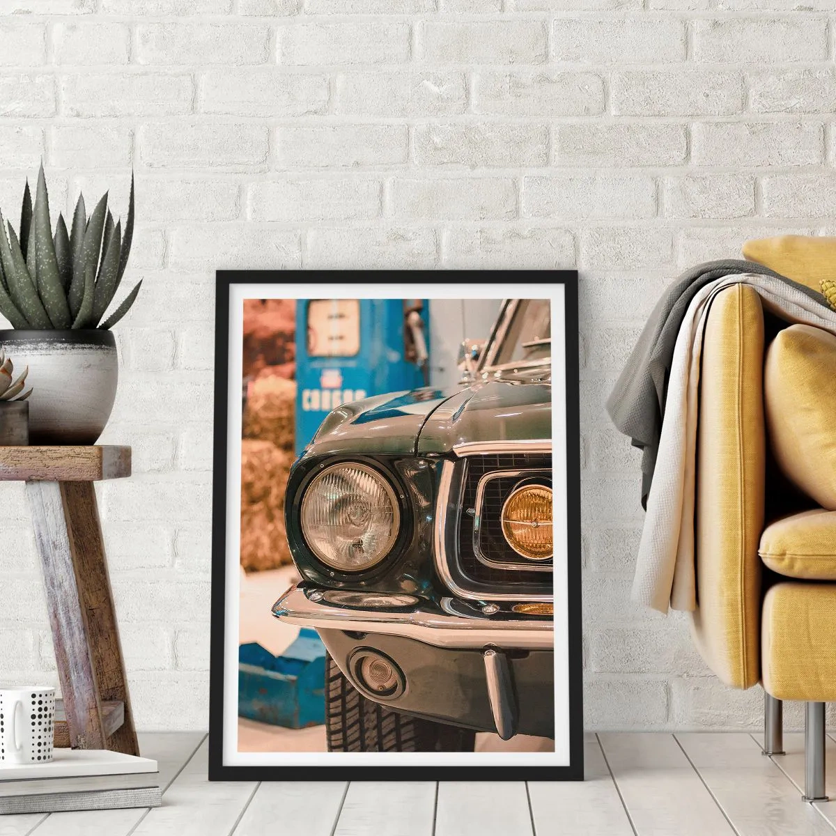 Poster in black frame - Close-up of a classic retro car headlight - 50x70cm - Encounter with the Legend - Modern wall decoration for the living room and bedroom ARTTOR
