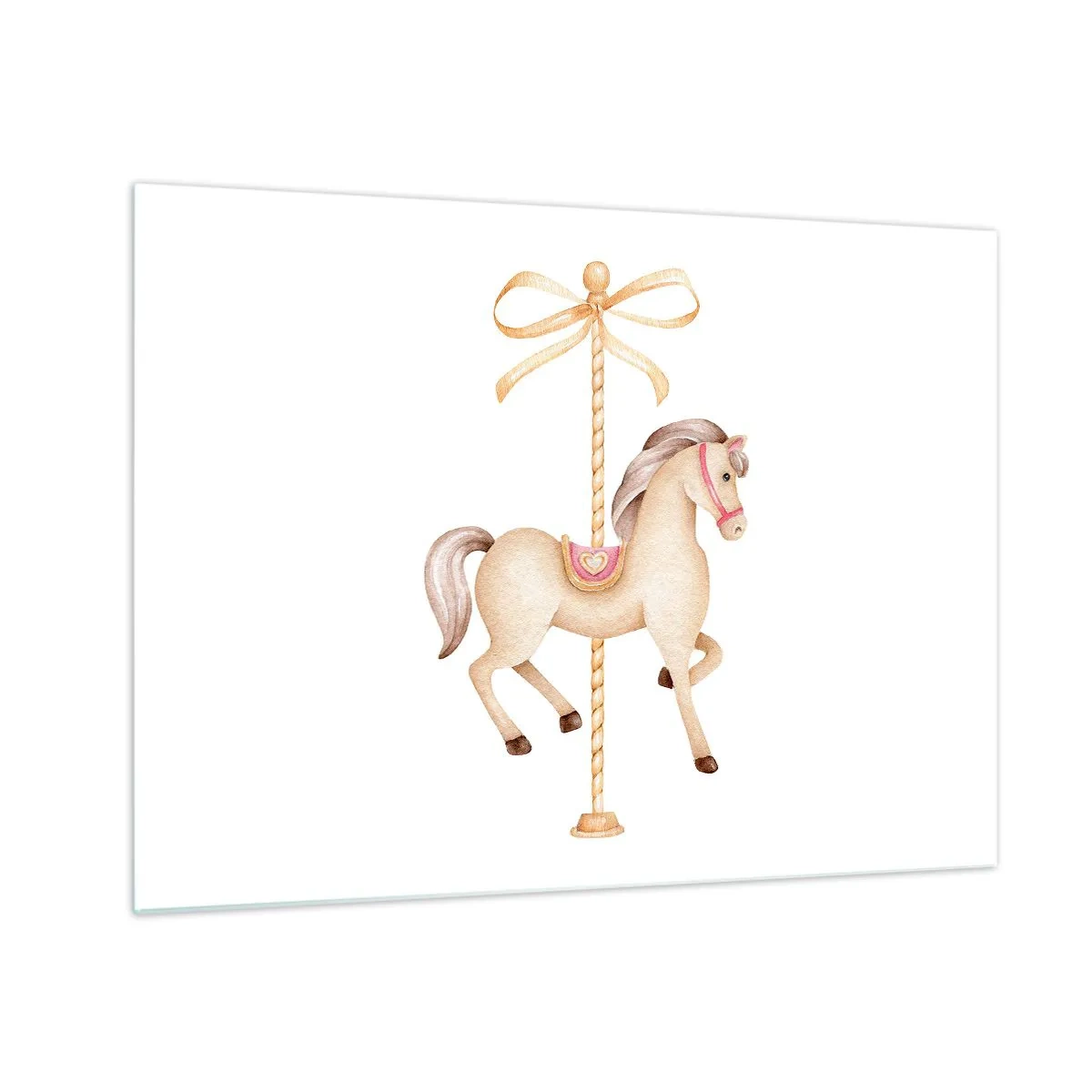 Glass picture - Beige carousel horse with a bow on a white background - 70x50cm - Graceful Trot - Modern wall decoration for the living room and bedroom ARTTOR