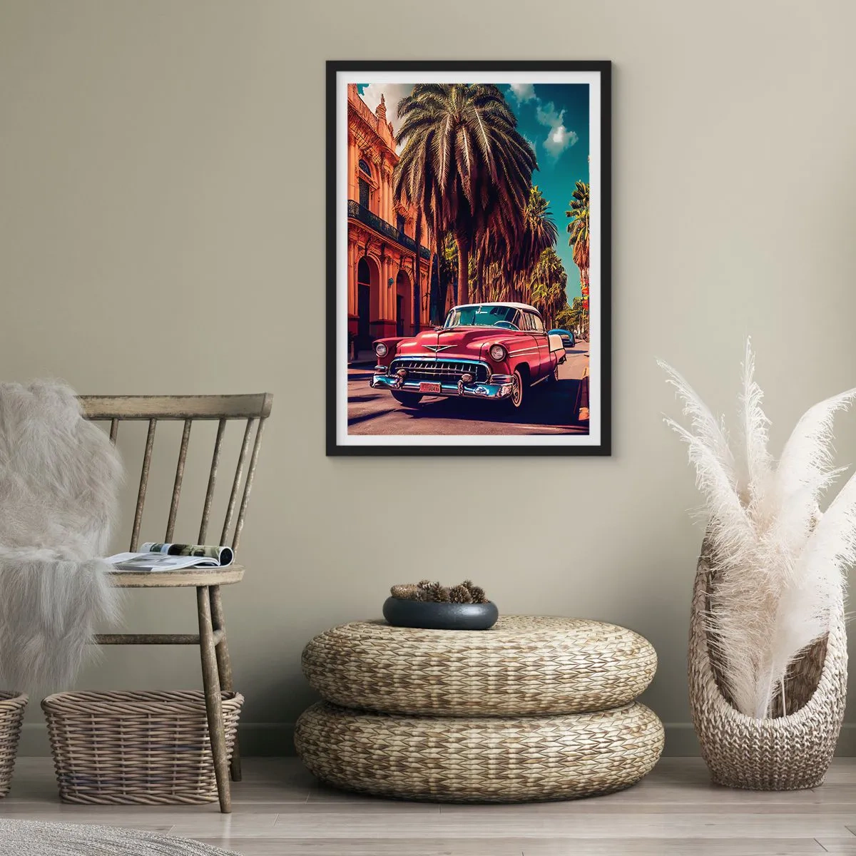 Poster in black frame - A classic car against the backdrop of a tropical city - 50x70cm - Still in Havana - Modern wall decoration for the living room and bedroom ARTTOR