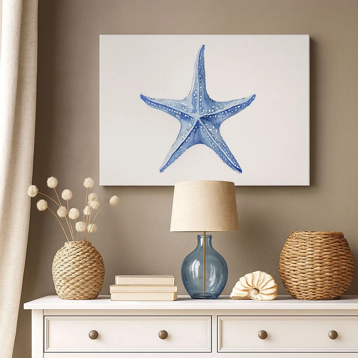 Canvas picture - Blue starfish on a white background in a minimalist style - 70x50cm - Sea Star - Modern wall decoration for the living room and bedroom ARTTOR