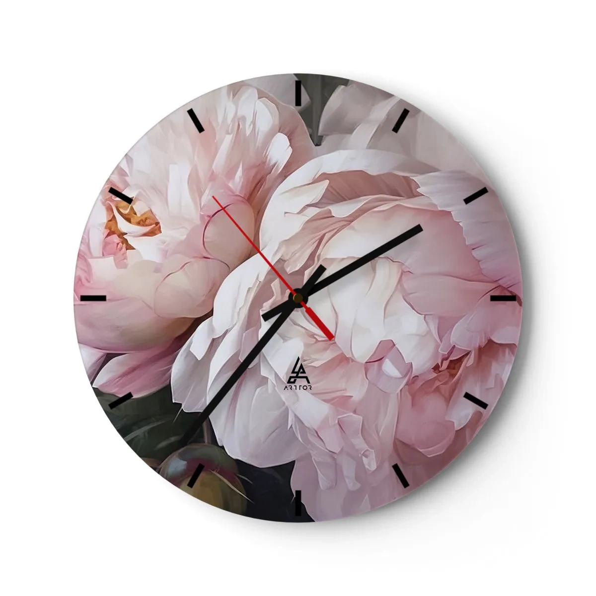 Wall clock - Clock on glass - Delicate pink peonies in close-up - 30x30cm - Captured in Full Bloom - Modern wall decoration for the living room, kitchen, and bedroom ARTTOR