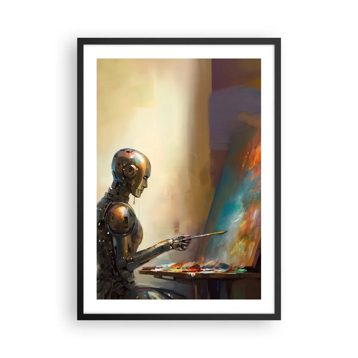 Poster in black frame - Robot painter at an easel in a futuristic style - 50x70cm - Art of the Future - Modern wall decoration for the living room and bedroom ARTTOR