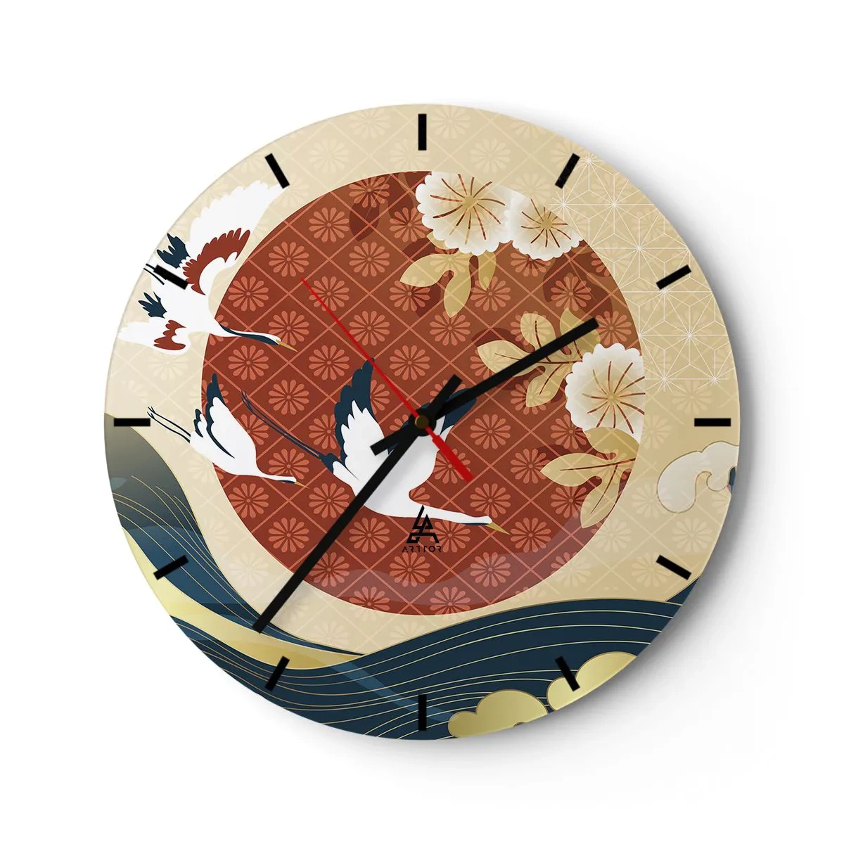 Wall clock - Clock on glass - Japanese cranes against a background of a red circle and stylized waves. - 30x30cm - Japanese Tale - Modern wall decoration for the living room, kitchen, and bedroom ARTTOR