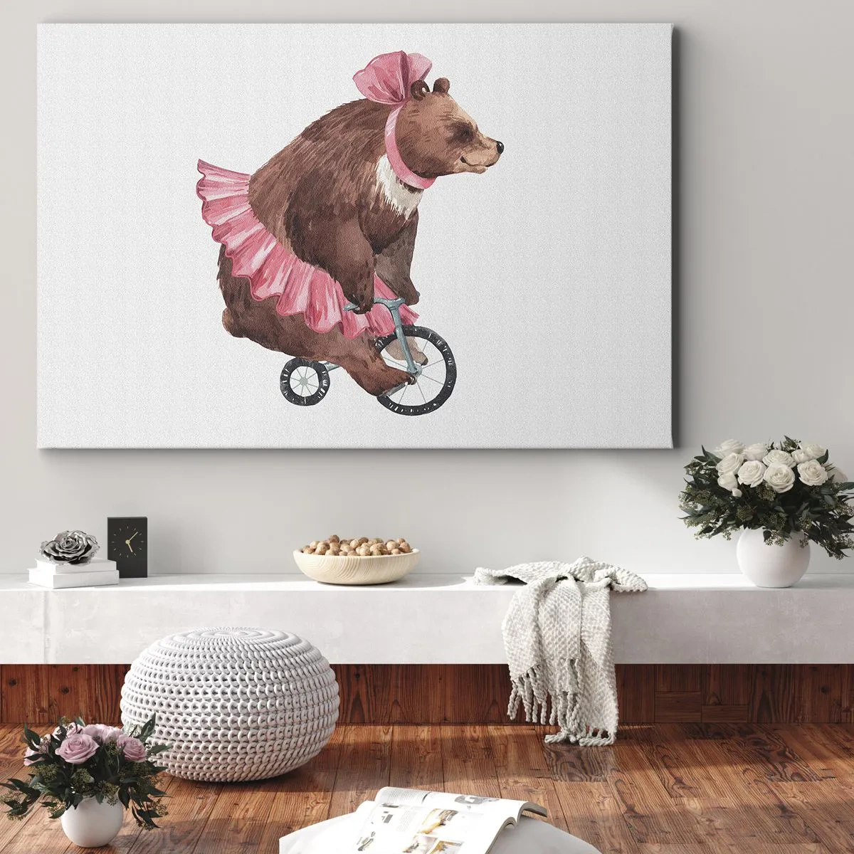 Canvas picture - A teddy bear in a pink skirt on a retro-style bike - 70x50cm - What a Circus! - Modern wall decoration for the living room and bedroom ARTTOR