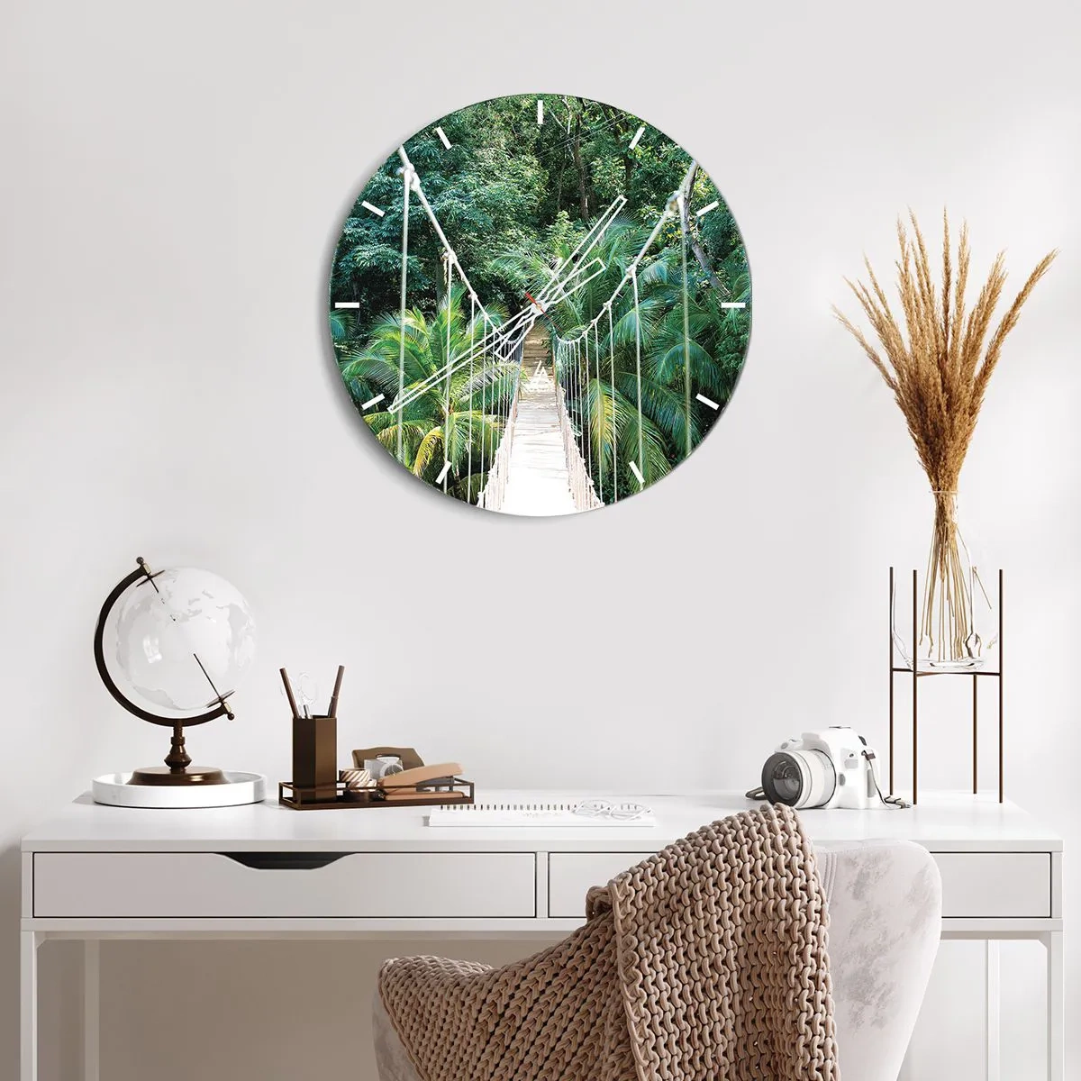 Wall clock - Clock on glass - A hanging bridge in a tropical jungle - 30x30cm - Welcome to the Jungle! - Modern wall decoration for the living room, kitchen, and bedroom ARTTOR
