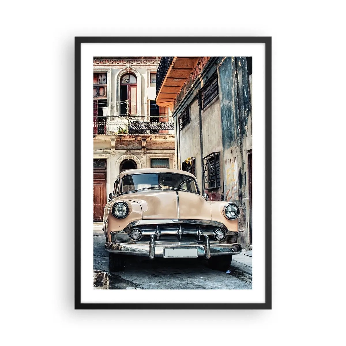 Poster in black frame - A classic car in a retro urban setting - 50x70cm - Siesta in Havana - Modern wall decoration for the living room and bedroom ARTTOR