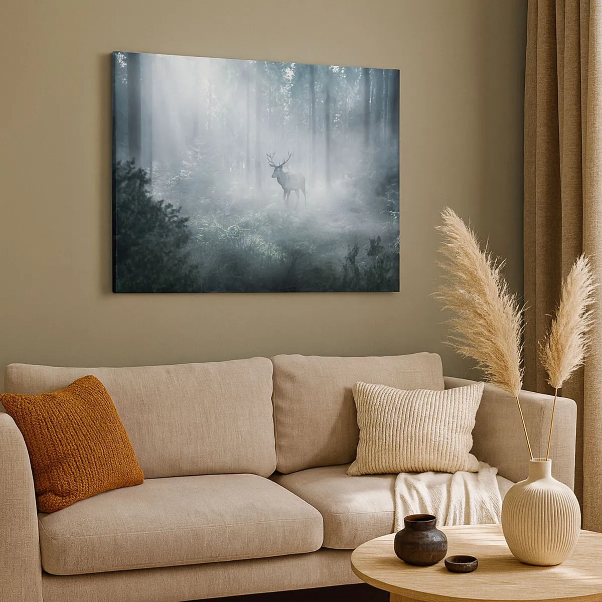 Canvas picture - deer in a dense forest shrouded in morning mist - 70x50cm - Morning Round of the Estate - Modern wall decoration for the living room and bedroom ARTTOR