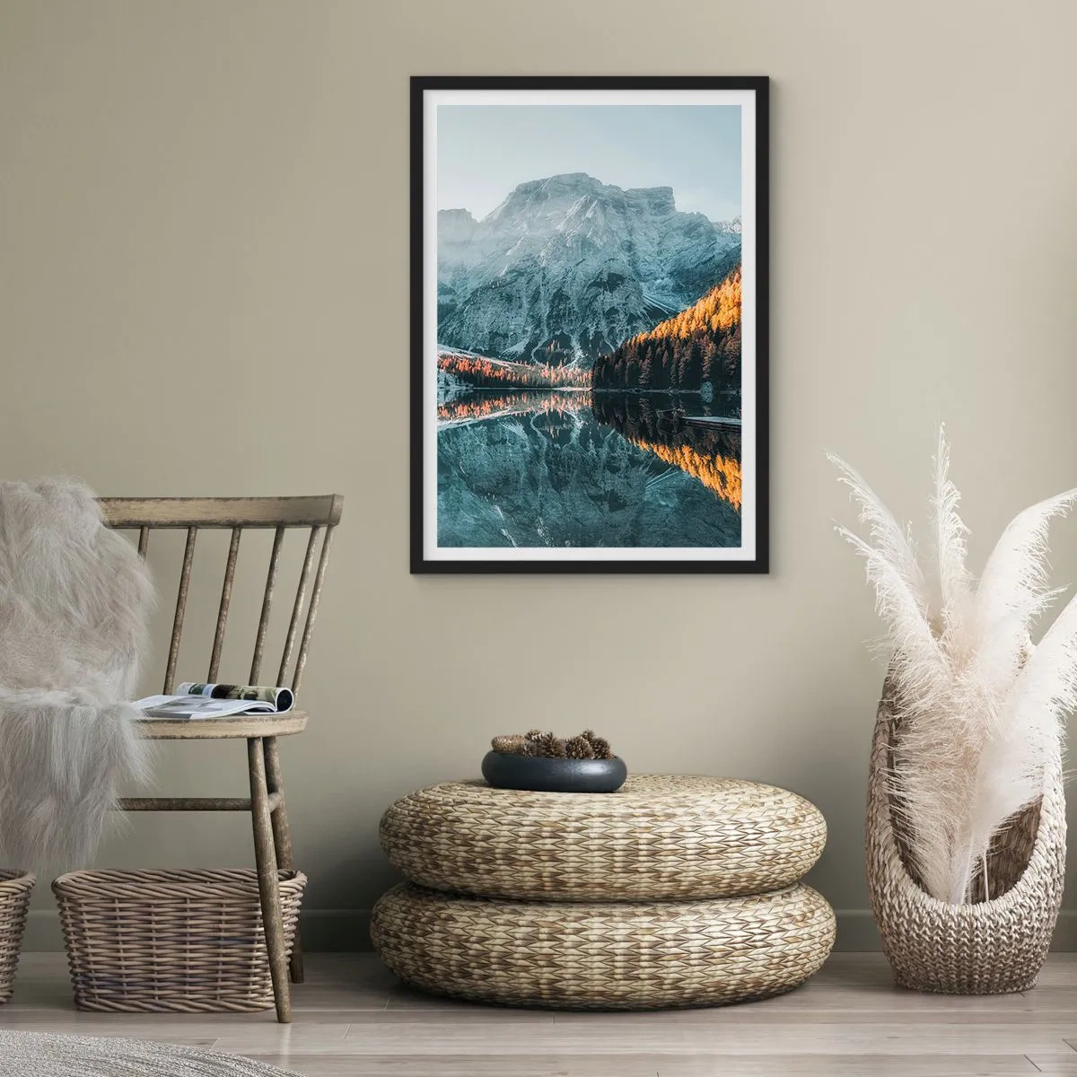 Poster in black frame - Mountain landscape reflected in the lake at sunset - 50x70cm - Mirror Landscape - Modern wall decoration for the living room and bedroom ARTTOR