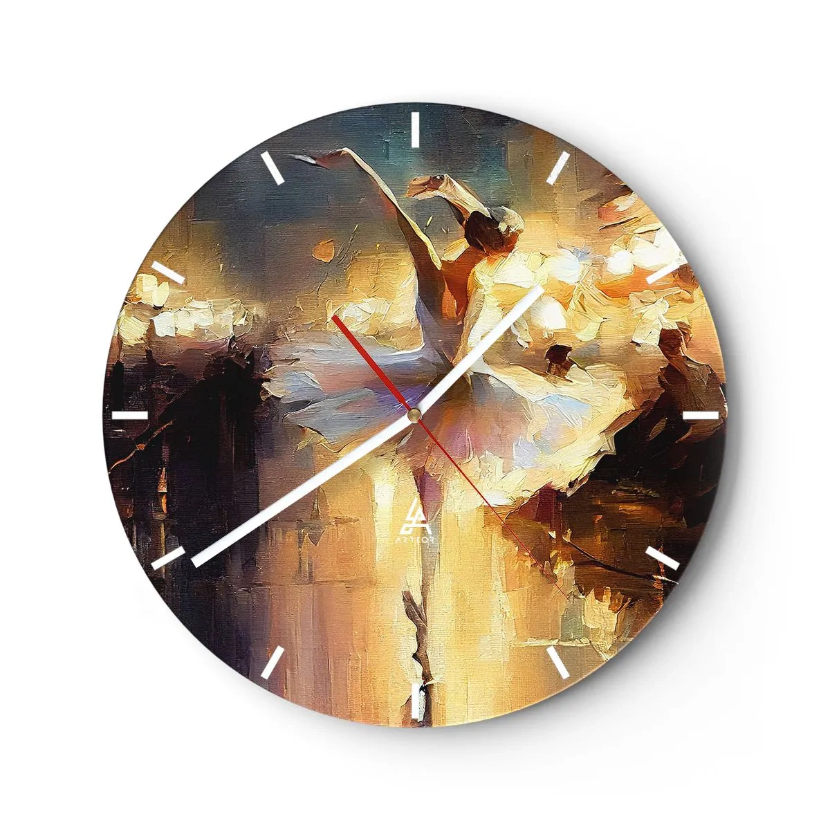 Wall clock - Clock on glass - A dancer in a white dress captured in dynamic movement - 30x30cm - Miracle on the Street - Modern wall decoration for the living room, kitchen, and bedroom ARTTOR