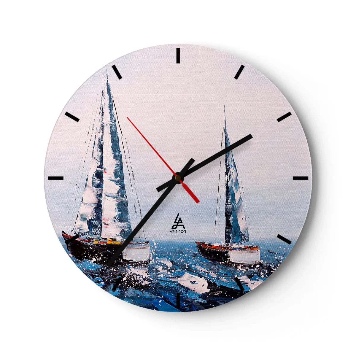 Wall clock - Clock on glass - Two sailboats on a stormy sea in a painterly style - 30x30cm - Brotherhood of Wind - Modern wall decoration for the living room, kitchen, and bedroom ARTTOR