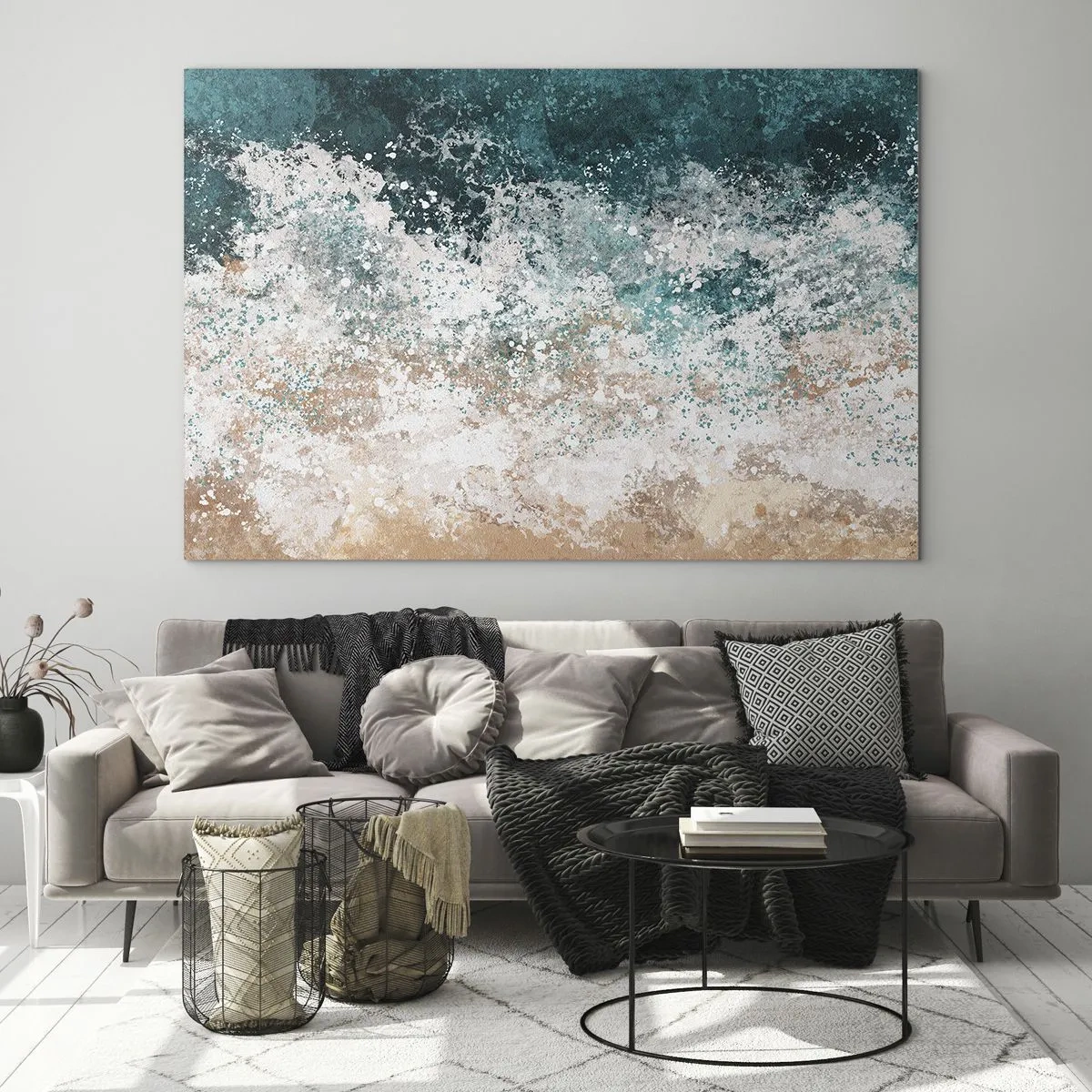 Glass picture - Abstract sea wave in shades of turquoise, white and sandy beige - 70x50cm - Sea Tales - Modern wall decoration for the living room and bedroom ARTTOR