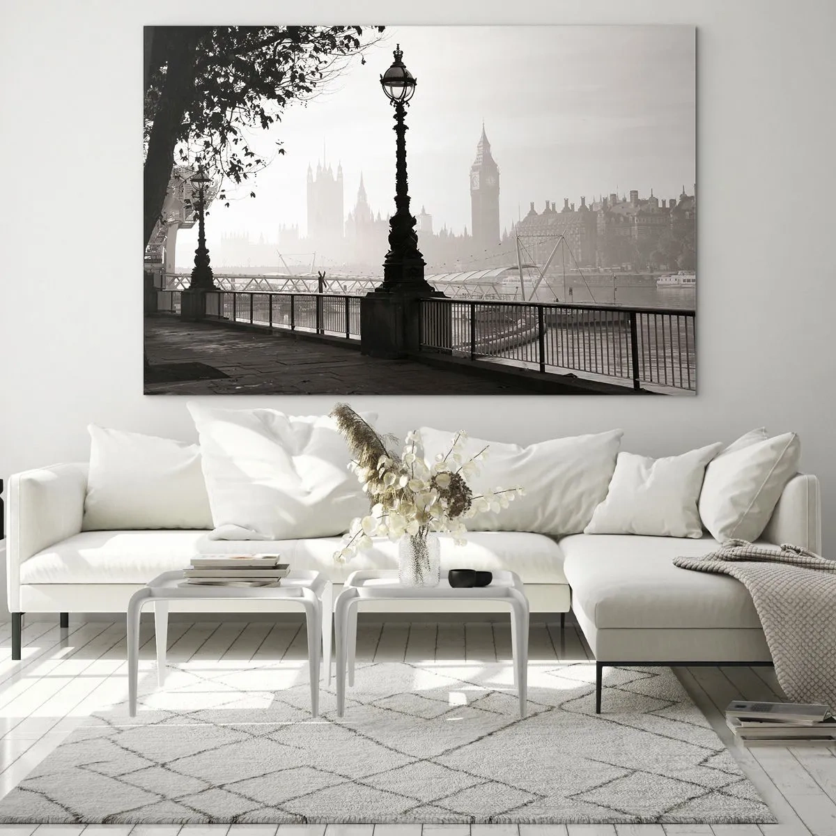 Glass picture - Black and white photograph of London's promenade with Big Ben - 70x50cm - London Morning - Modern wall decoration for the living room and bedroom ARTTOR